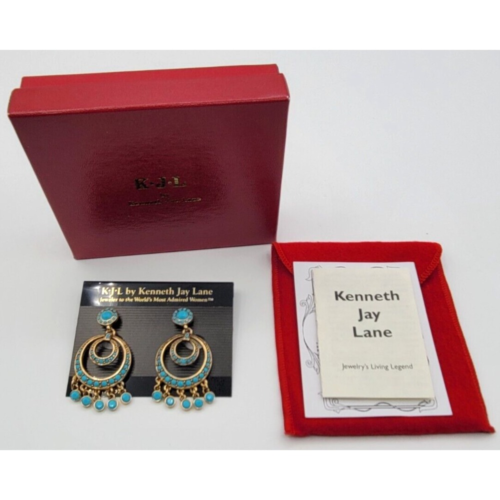 KENNETH JAY LANE TURQUOISE BLUE CLIP DANGLE EARRINGS VINTAGE NIB KJL GOLD TONE‎